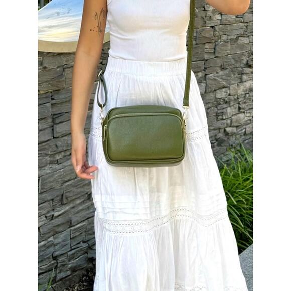 ISADORO Genuine Pebbled Italian Leather Olive Green Double Zipper Crossbody Bag - Picture 2 of 12